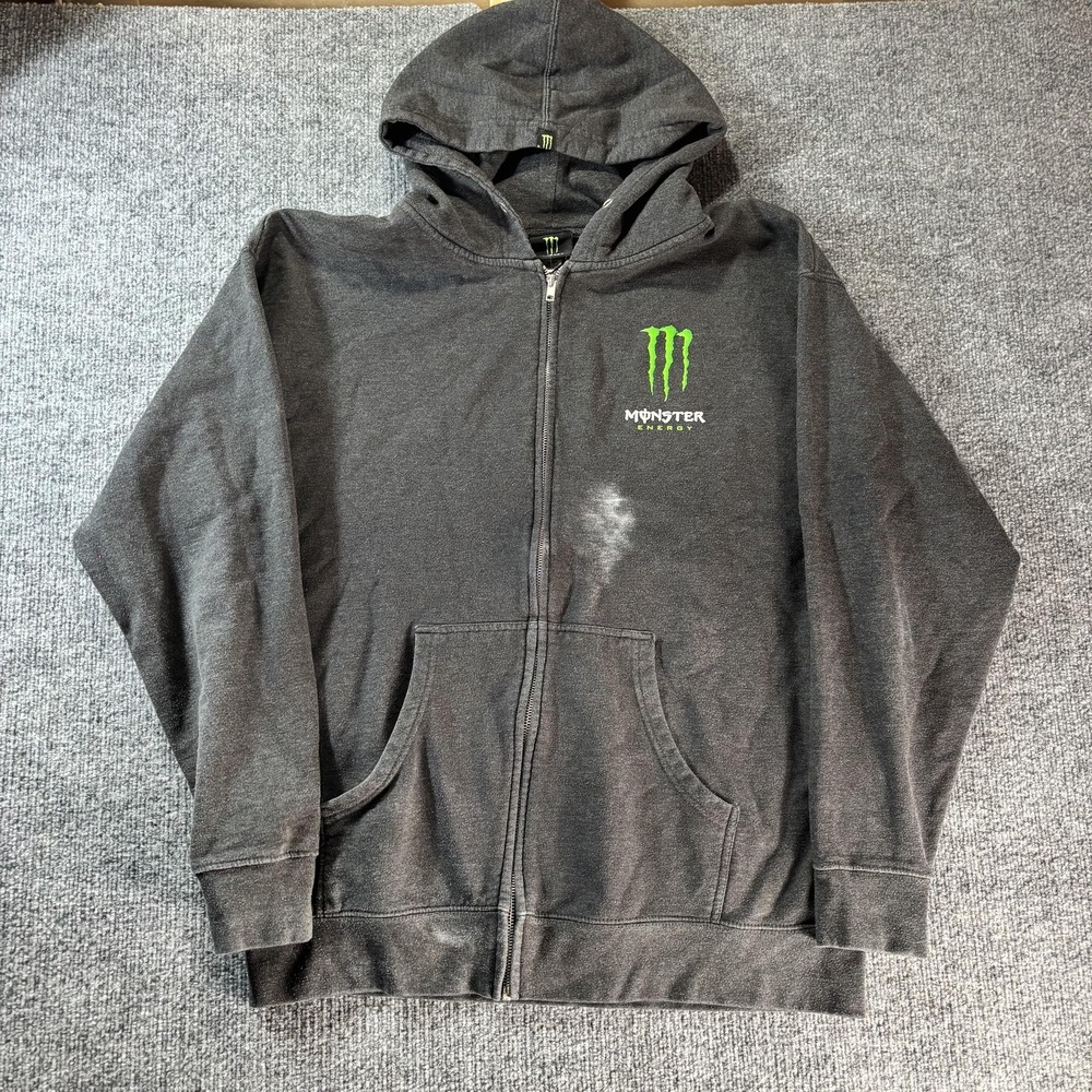 Monster Energy Hoodie Mens Large Gray Full Zip Fleece Graphic Logo Back Graphic